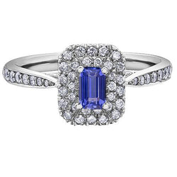 Emerald dubbele Halo blauwe saffier ring taps toelopende schacht 3 karaat