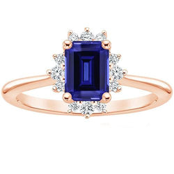 Flower Style Ring Ceylon Sapphire & Diamond 4 karaat Emerald Cut