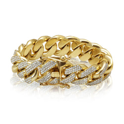 Geelgoud 14K 18 mm Heren Cuban Link Armband 9.70 Karaat Natuurlijke uit de aarde gewonnen Diamanten