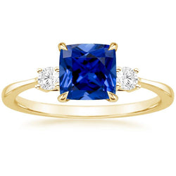 Geel goud 3 stenen ring diamant en kussen blauwe saffier 2,50 karaat