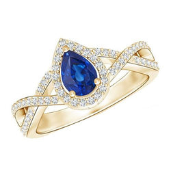 Geel gouden diamanten Halo Ring Center Peer Ceylon Sapphire 4 karaat 14K