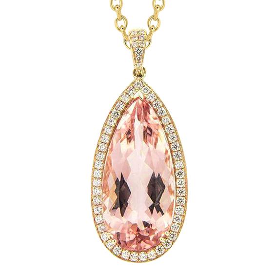 Geelgouden 14K 16 kt grote Morganite met diamanten hanger ketting - harrychadent.nl