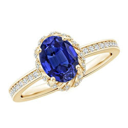 Geelgouden Diamanten Halo Ring Ovaal Geslepen Ceylon Saffier Nieuw 5,50 Karaat