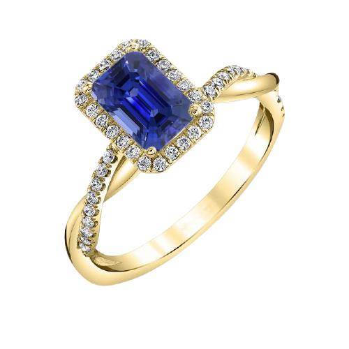 Geelgouden Halo Ring Smaragd Vormige Sri Lankaanse Saffier 3 Karaat - harrychadent.nl