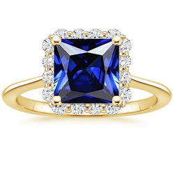Geelgouden Halo-diamantring met prinses geslepen blauwe saffier 6 karaat