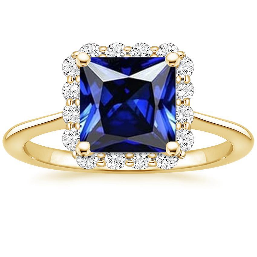 Geelgouden Halo-diamantring met prinses geslepen blauwe saffier 6 karaat - harrychadent.nl