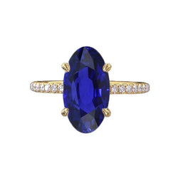 Geelgouden Solitaire ovale blauwe saffierring met accenten 4 karaat