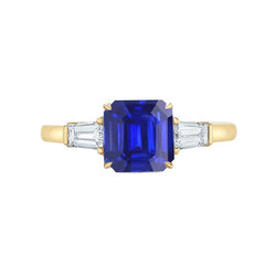 Geelgouden diamanten ring 2 karaat Asscher geslepen Ceylon saffier 3 steen
