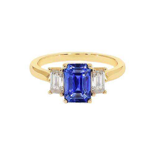 Geelgouden ring met 3 stenen en blauwe saffier en diamanten 9 karaat - harrychadent.nl