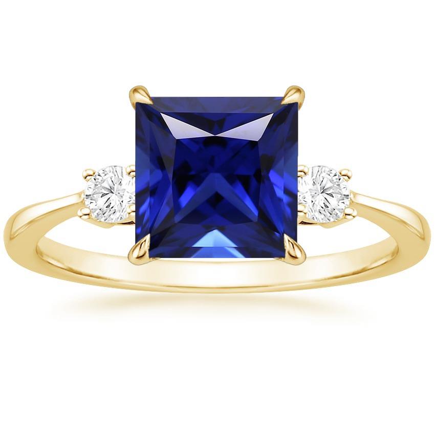 Geelgouden ring met 3 stenen prinses blauwe saffier en diamanten 5,25 karaat - harrychadent.nl