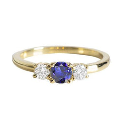 Geelgouden ring met 3 stenen ronde blauwe saffier en diamanten 1,50 karaat