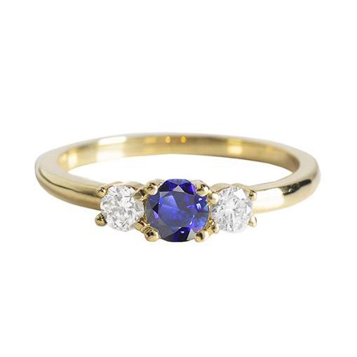 Geelgouden ring met 3 stenen ronde blauwe saffier en diamanten 1,50 karaat - harrychadent.nl