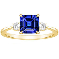 Geelgouden ronde diamant en kussen blauwe saffier ring 2,75 karaat Nieuw