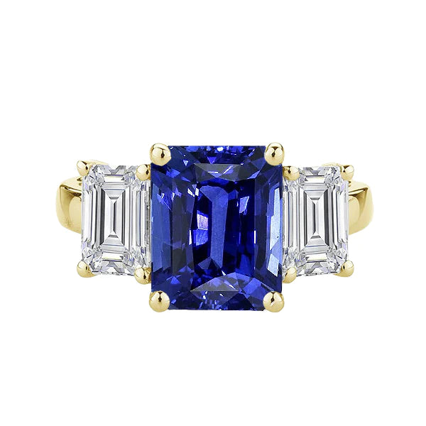 Gouden 3 steen blauwe saffier smaragd diamanten ring 3,50 karaat