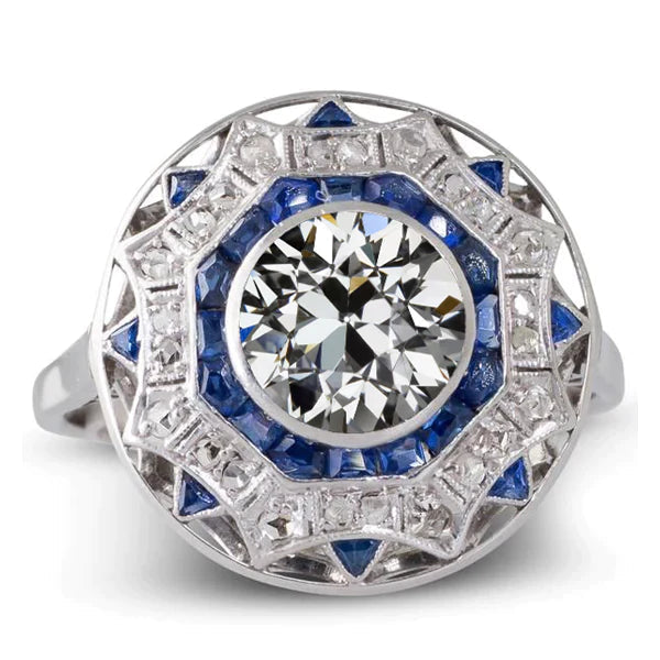 Gouden Art Deco sieraden Nieuwe Halo Ring Blue Sapphire & Old Cut Diamond Star Style