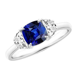 Gouden Diamant Halve Maan & Kussen Ceylon Sapphire 3 Stenen Ring 3 Karaat