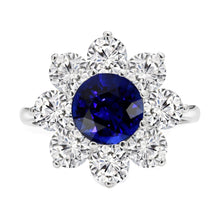 Afbeelding in Gallery-weergave laden, Gouden Halo Diamanten Ring Blauwe Ronde Saffier Bloem Stijl 4.50 Karaat - harrychadent.nl
