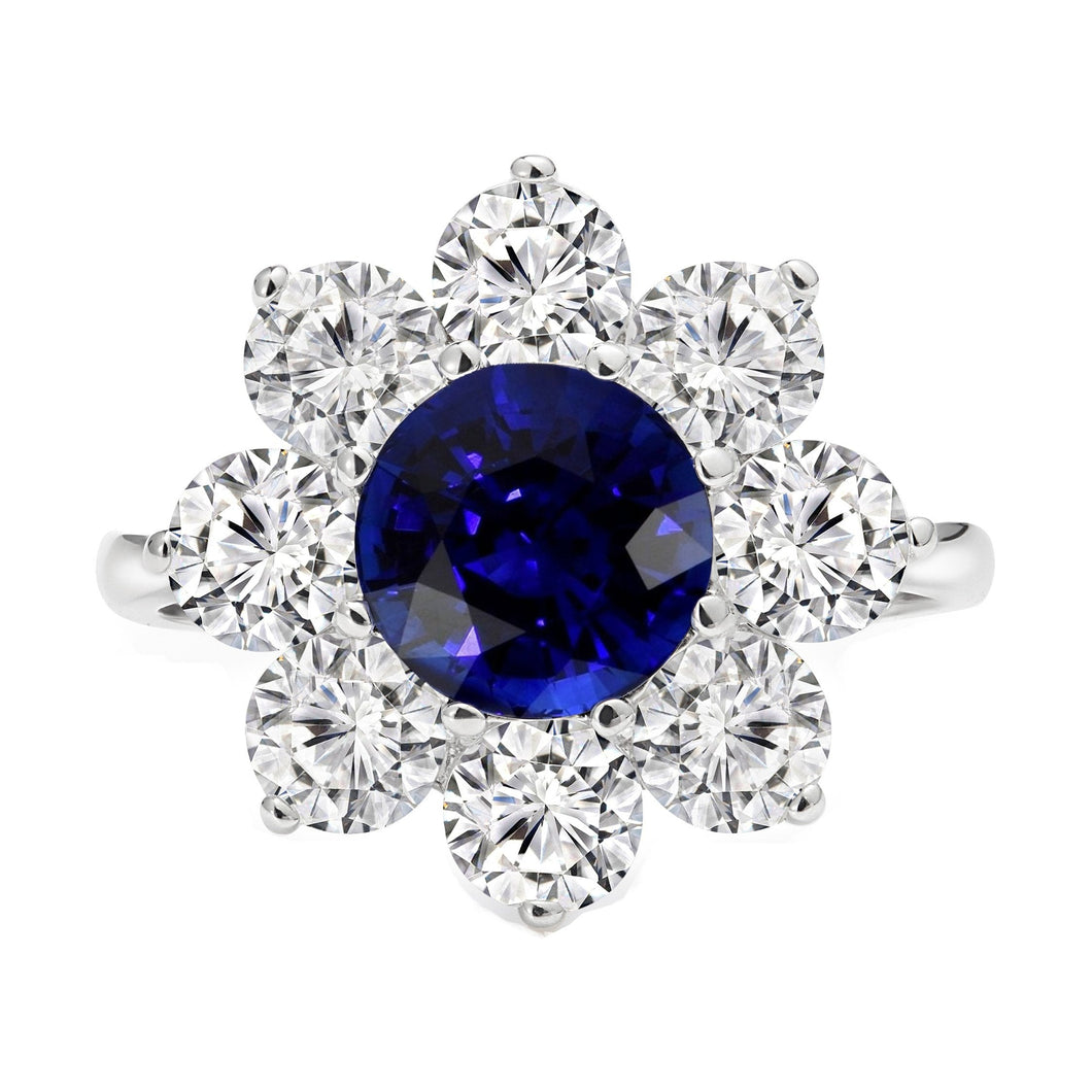 Gouden Halo Diamanten Ring Blauwe Ronde Saffier Bloem Stijl 4.50 Karaat - harrychadent.nl