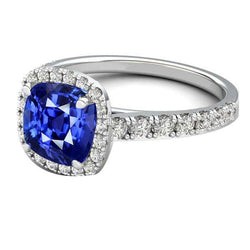 Gouden Halo Kussen Saffier Ring Prong Accenten Diamanten 3,50 Karaat