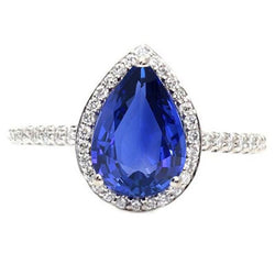 Gouden Halo Pave Set diamanten verlovingsring blauwe saffier 4 karaat