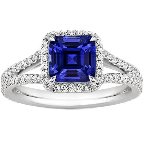 Gouden Halo diamanten verlovingsring 3,25 karaat Asscher blauwe saffier - harrychadent.nl