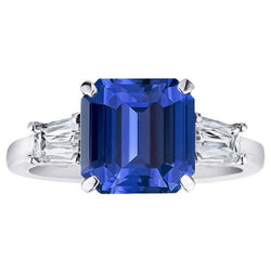 Gouden Jubileumring 3 Karaat Emerald Cut Blauwe Saffier & Baguettes