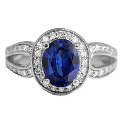 Gouden Ovale Halo Ring SriLanka Sapphire Split Shank & Diamanten 4 Karaat