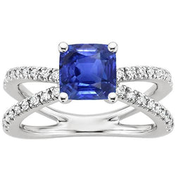 Gouden Solitaire Blauwe Saffier & Accenten Ring Split Shank 2,75 Karaat