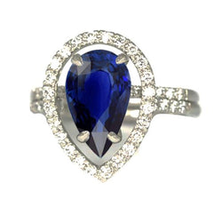 Gouden diamanten Halo trouwring set Peer Blue Sapphire Center 4 karaat
