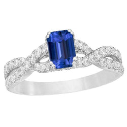 Gouden diamanten trouwring Emerald Cut blauwe saffier edelsteen 3 karaat