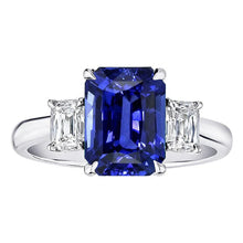 Afbeelding in Gallery-weergave laden, Gouden smaragd 3 stenen blauwe saffier en diamanten ring 3 karaat
