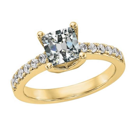 Gouden solitaire ring met accenten kussen oud geslepen diamant 4,50 karaat - harrychadent.nl