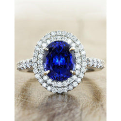 Grote ovale Sri Lanka blauwe saffier diamanten ring 4.55 ct witgoud 14k