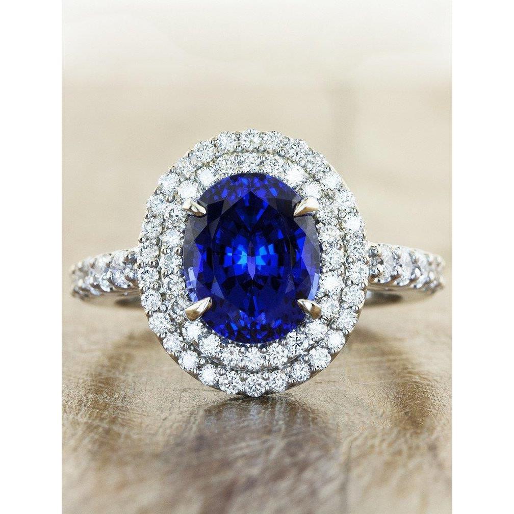 Grote ovale Sri Lanka blauwe saffier diamanten ring 4.55 ct witgoud 14k - harrychadent.nl