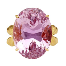 Grote Ovale Geslepen Roze Kunziet Edelsteen Ring 30 Karaat Geelgoud 14K