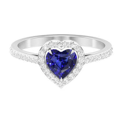 Halo Blauwe Saffier Hart Ring & Pave Set diamanten 2,50 karaat