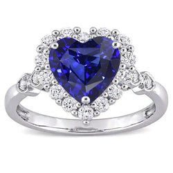 Halo Blauwe Saffier Hart & Ronde Diamanten Ring 4.50 Karaat 14K Goud
