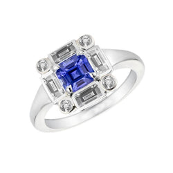Halo Blauwe Saffier Ring 3 Karaats Bezel Set Baguette & Ronde Diamanten