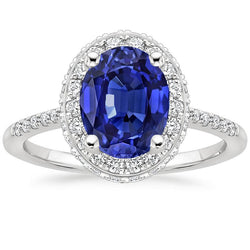 Halo Blauwe Saffier Ring Ovaal Geslepen & Pave Set Diamanten 3,75 Karaat