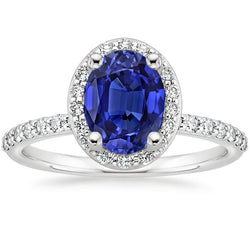 Halo Ceylon Sapphire Ring Ovaal geslepen & ronde diamanten 3,25 karaat