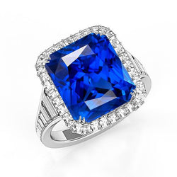 Halo Ceylon saffier Stralende Ring 5 Karaats Baguette Diamanten