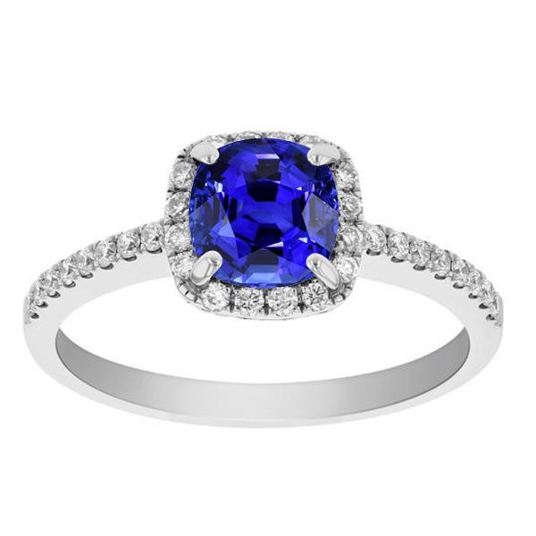 Halo Cushion Ceylon Sapphire Ring met accenten Diamant 3,50 karaat - harrychadent.nl