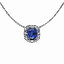 Halo Cushion Ceylon Sapphire & Round Diamond Pendant 2 Carats