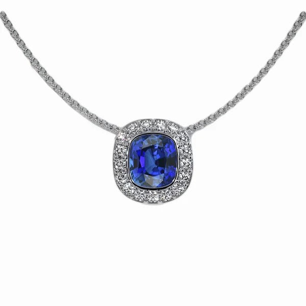 Halo Cushion Ceylon Sapphire & Round Diamond Pendant 2 Carats - harrychadent.nl