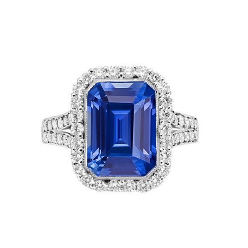 Halo Diamant Bezel Set Smaragd Blauwe Saffier Verlovingsring 4 karaat - harrychadent.nl