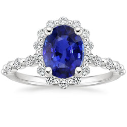 Halo Diamanten Ring Bloemstijl Sri Lankaanse Saffier 4 Karaat