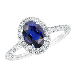 Halo Diamanten Ring Goud Ovaal Sri Lankaanse Saffier Met Accenten 6 Karaat