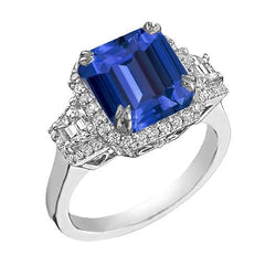 Halo Diamanten Ring Trapezium & Ronde Accenten 4 Karaat Diepblauwe Saffier