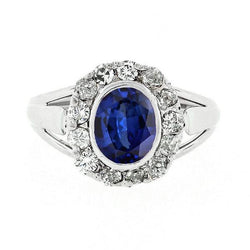 Halo Diamanten Trouwring Ovale Ceylon Saffier Bezel Set 4,50 Karaat