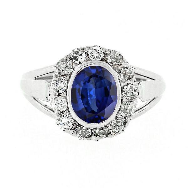 Halo Diamanten Trouwring Ovale Ceylon Saffier Bezel Set 4,50 Karaat - harrychadent.nl